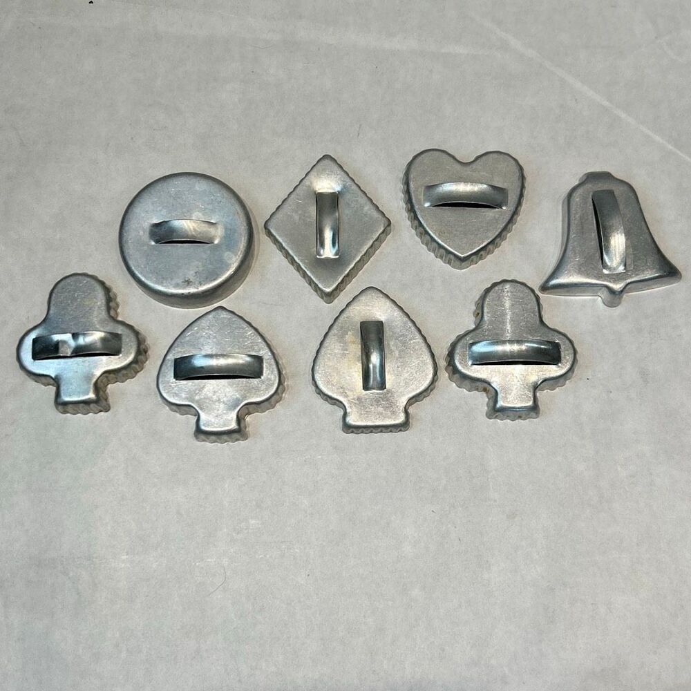Vtg SET Aluminum Cookie Cutter w/ Handle Metal Bell Heart Diamond Spade Club Clo